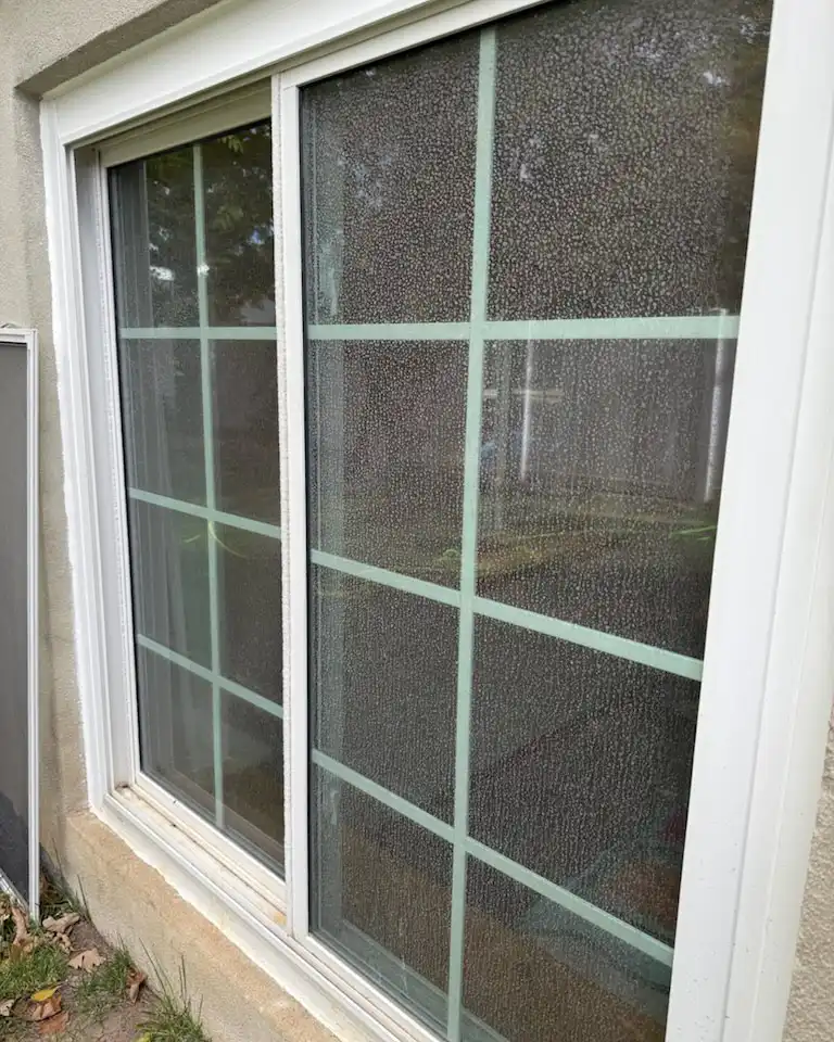 Window glass before cleaning, covered in hard-water stains