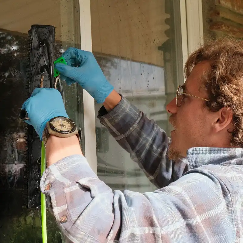 Close-up of a squeegee leaving a streak-free window pane